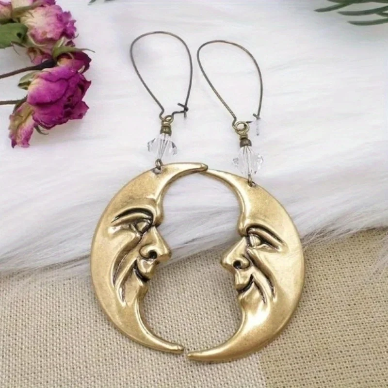 Brass Crescent Moon Earrings, Smiling Moon Man Face Dangles, Celestial Crystal Boho Jewelry, Big Moon Statement Jewelry, Fun Dan