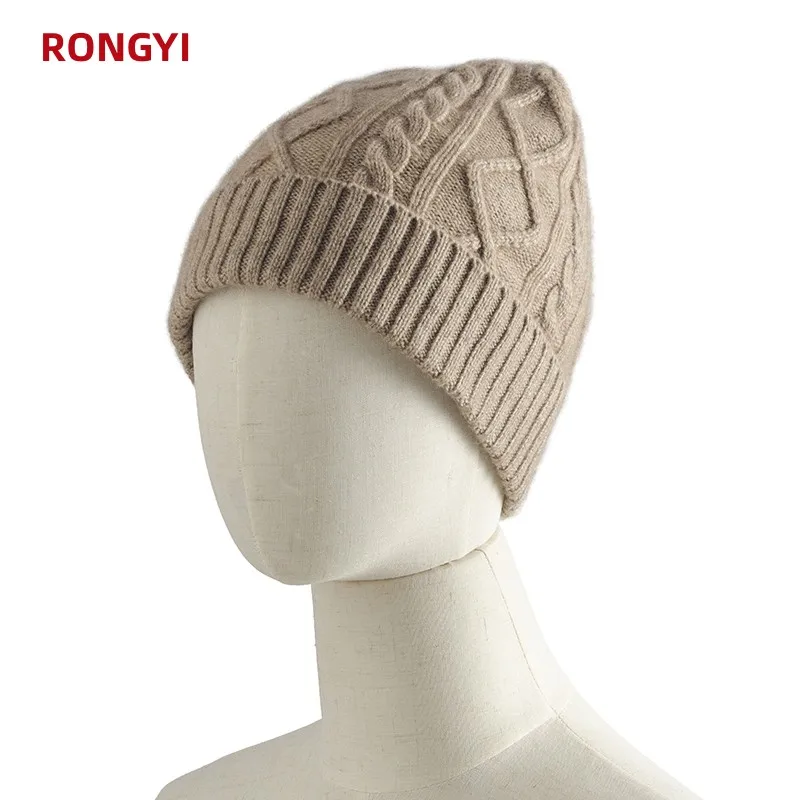 

RONGYI 100% Cashmere Women's Hat Warm Diamond Twisted Flowers Thick Solid Color Joker Knitted Casual In Autumn And Winter