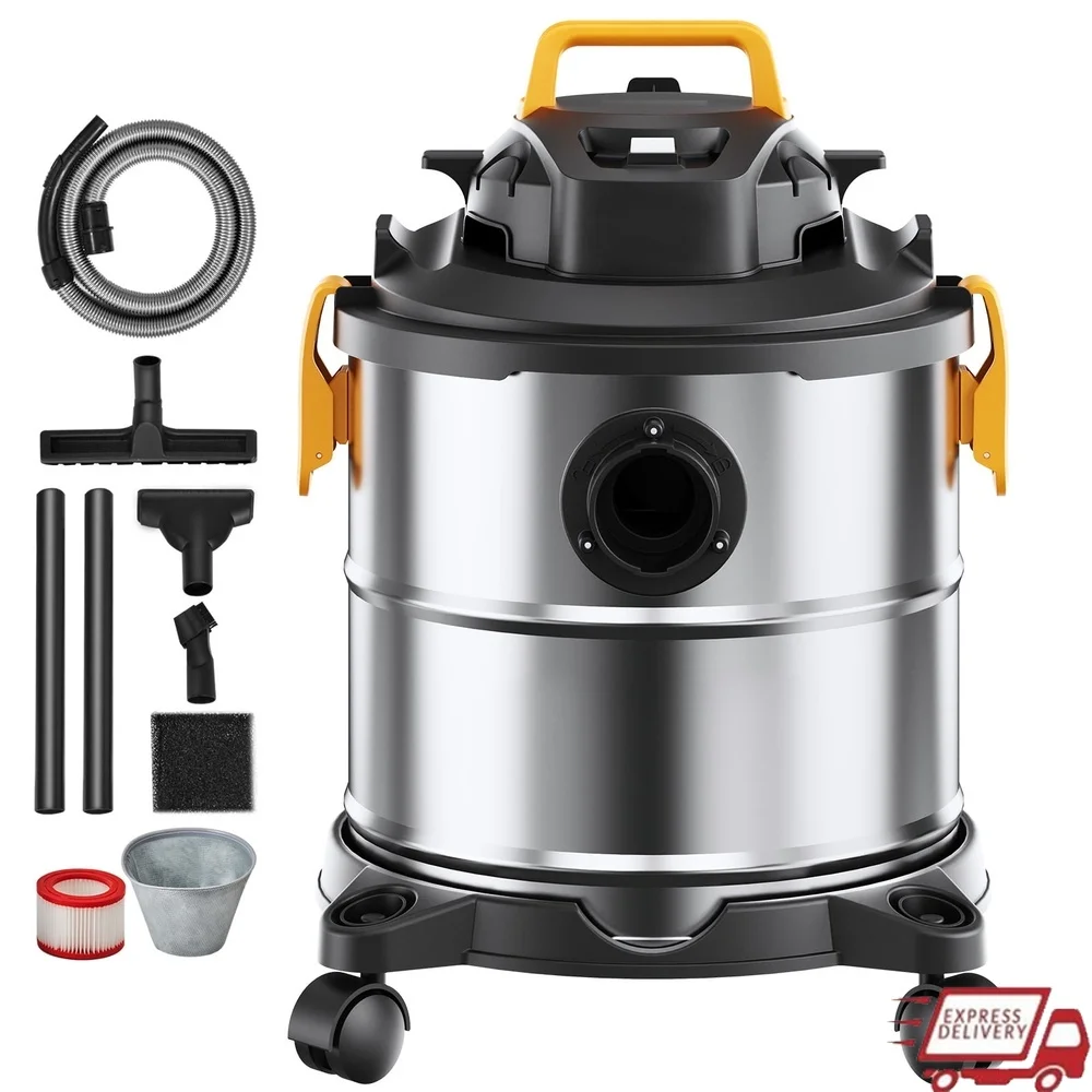 

Stainless Steel Wet Dry Vacuum Cleaner 5.5 Gallon 6HP Powerful Suction Blower with Multi-Function Nozzles Home Garage Cleanup