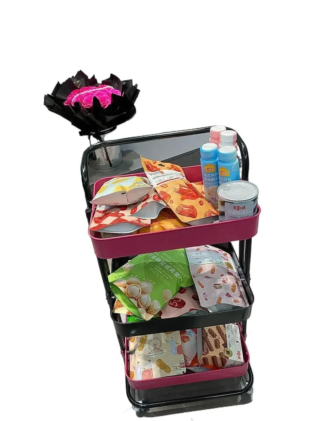 cart rack, black and pink color matching storage rack, living room multi-layer bedroom snack mobile