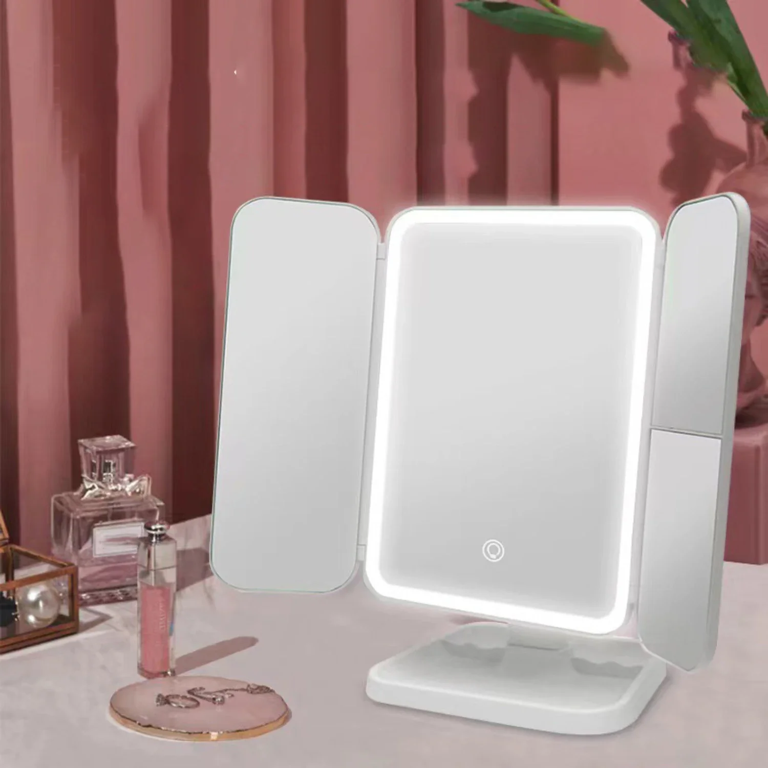 

Enhanced LED Tri-Fold Vanity Beauty Mirror featuring Adjustable Three-Tone Lighting System and Dual Magnification, Sleek Dressin