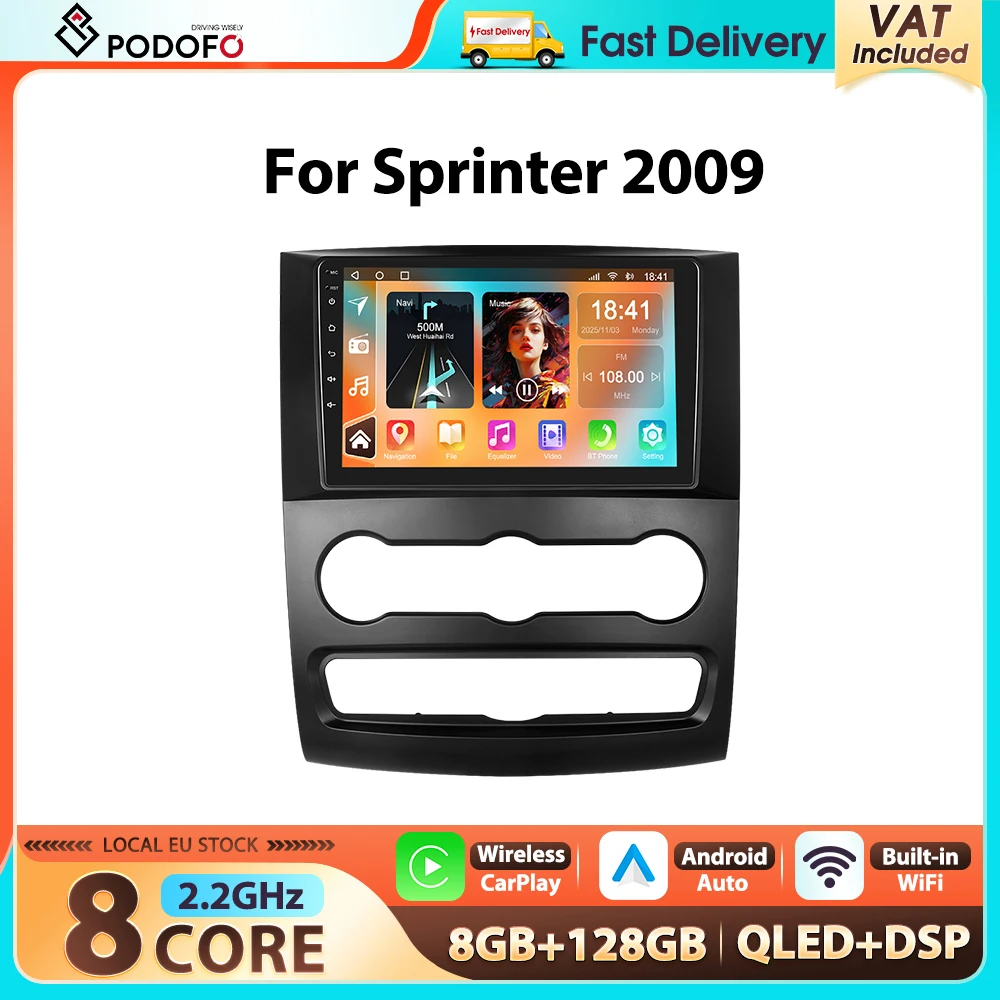Autoradio Android Podofo 8Core 8+128G per Sprinter 2009, con WIFI, 4G, GPS, schermo IPS da 10'', FM, RDS, lettore multimediale video per auto.