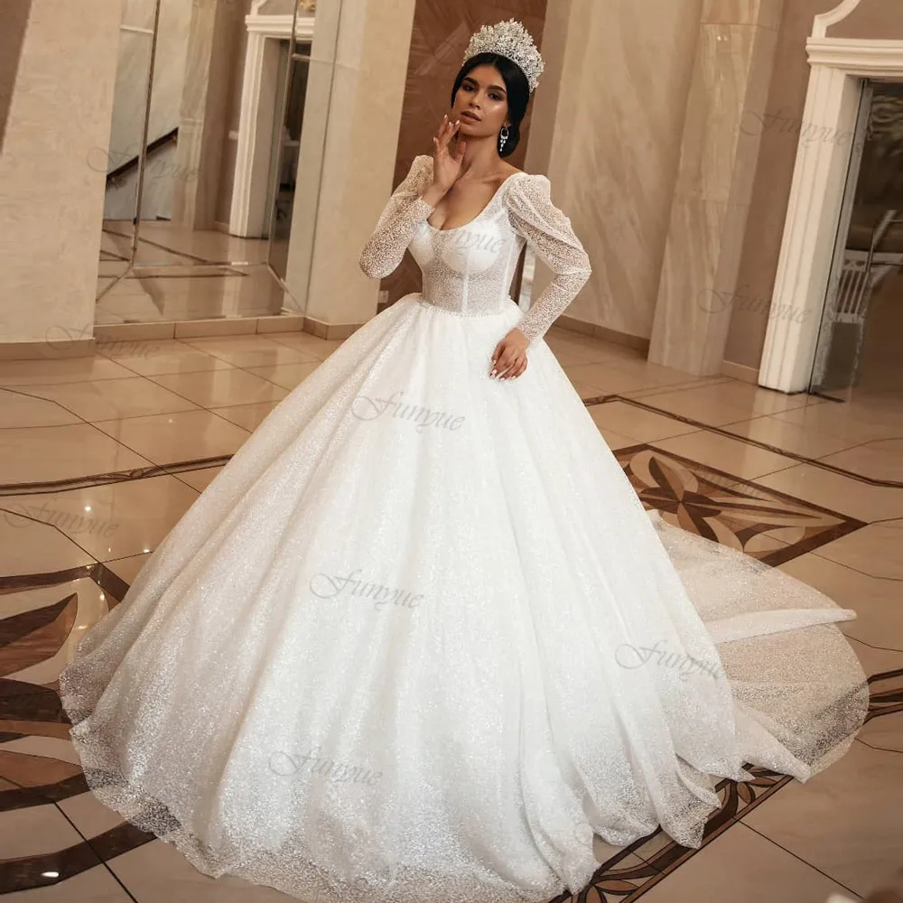 Funyue dubai vestidos de casamento de luxo glitter lantejoulas manga longa vestido de noiva árabe para noiva