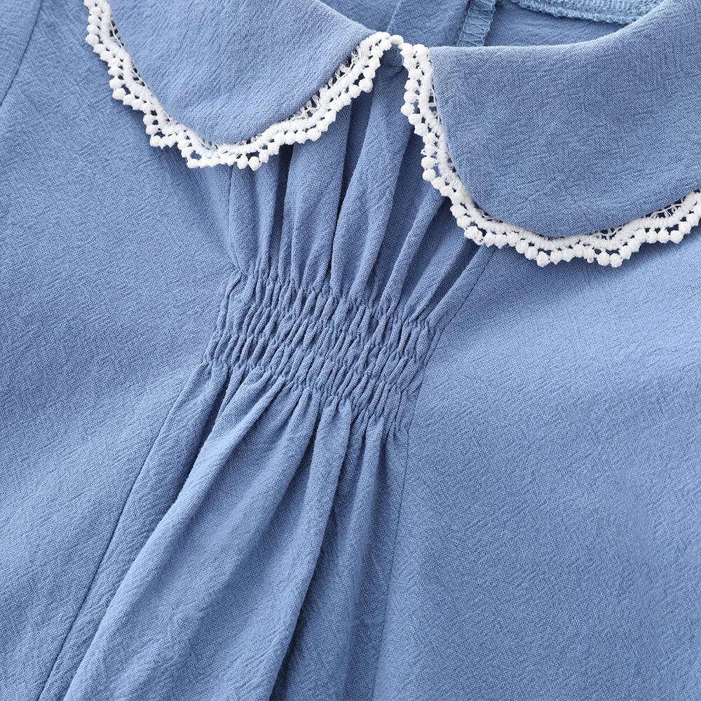 Cute Baby Girl Lace Trim Peter Pan Collar Puff Short Sleeve One Piece Blue Dress