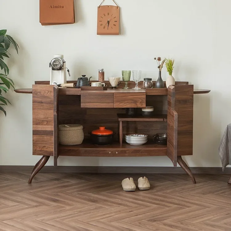 Italian wabi-sandy wind solid wood side cabinet minimalist North American black walnut special-shaped tea cabinet storage