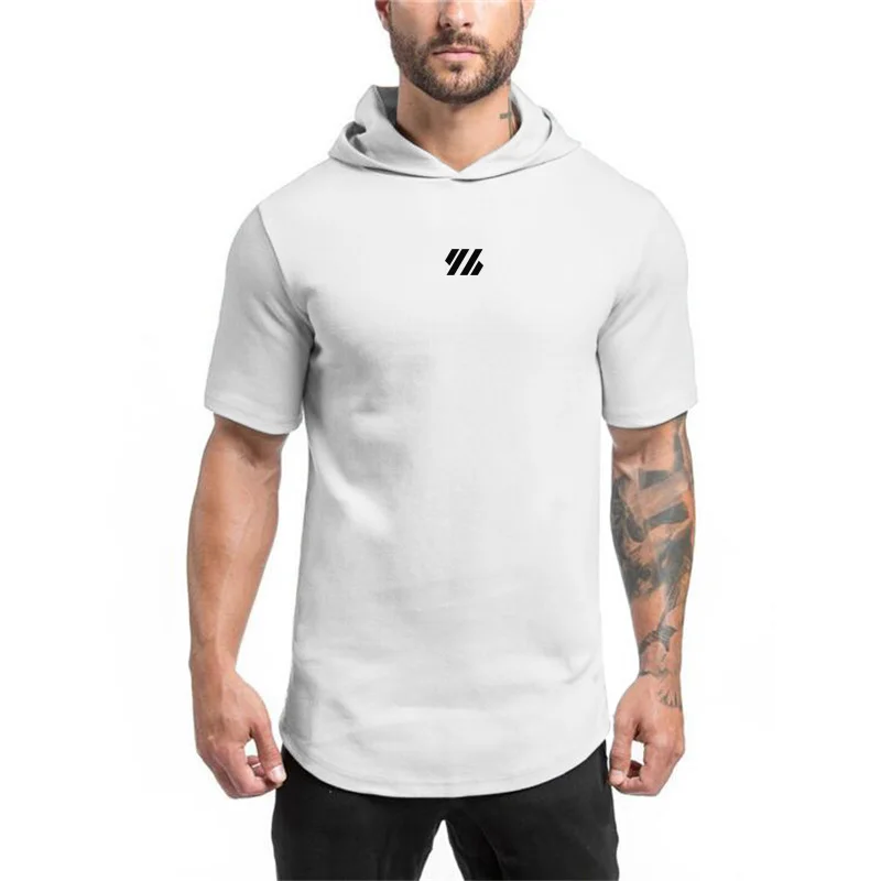 Gym Bodybuilding Running Sport Hooded T-shirts Mens Fitness Short Sleeve Muscle Muscle Shirts Cotton Breathable Slim Fit Hoodie