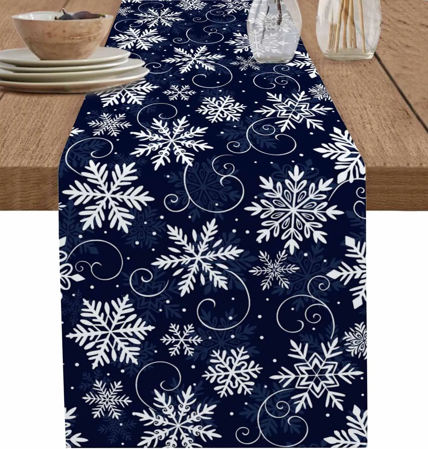 Christmas Navy Blue Snowflakes Linen Table Runner Holiday Party Decor Winter Kitchen Dining Table Runners Christmas Decorations