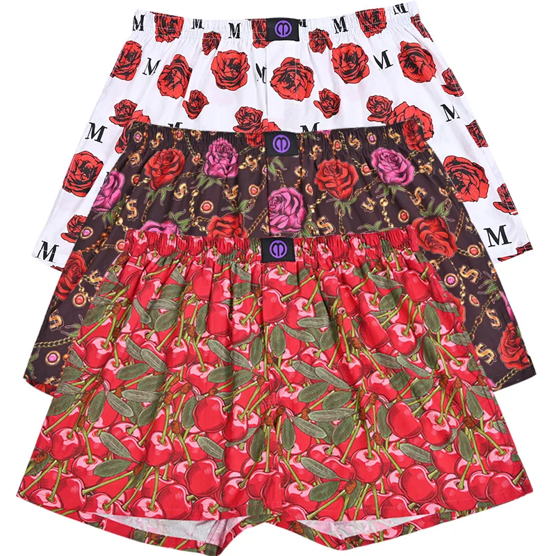 Roupa interior respirável para homens e mulheres, padrão floral rosa e cereja, calcinha de algodão puro, padrão confortável, noite e sono