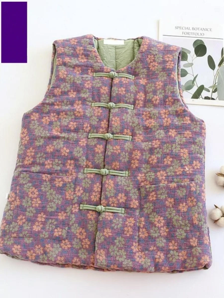 

Handmade Warm Cotton Vest 2025 Winter Women's Sle New Chinese Button Svel Thermal Bal round Ne Print Cotton Vest