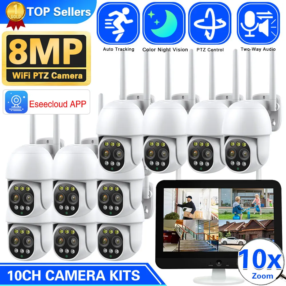 

12.5 Inch Monitor 10CH NVR Kit Wireless PTZ Security 8MP 10X Zoom Camera System 2-Way Audio Home Wifi CCTV Surveillance Cameras