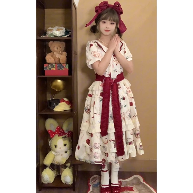 Japão doce lolita peter pan colarinho vestido de verão arco dos desenhos animados vestido bonito kawaii em camadas cascata shorts manga festa vestidos