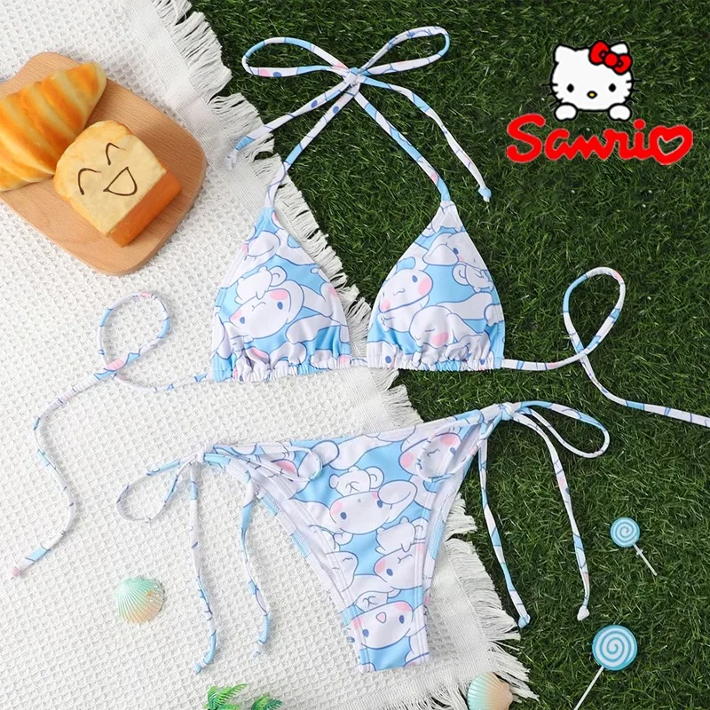 2pcs Sanrio Cinnamoroll Bikini Set Kawaii Cartoon Sexy Women Swimwear Y2K Summer Beach Soft Side Strappy Panties Birthday Gifts