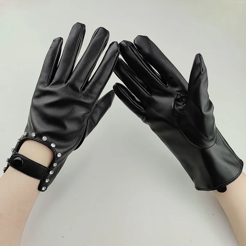 Autumn Winter Plus Velvet Thicken PU Leather Gloves Cosplay Nightclub Pole Dance Performance Drill Women's Touch Screen Warm