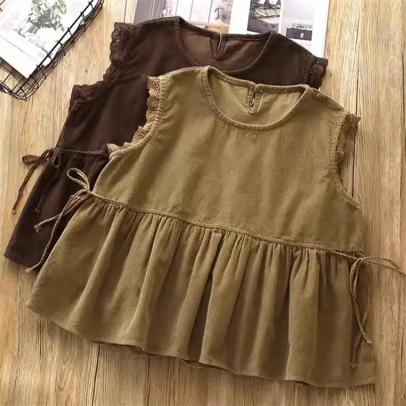 Japanese Wind Sleeveless Corduroy Vest For Women Spring Summer 2024 Lace Edges Cute Doll Style Shirts Trendy Waistcoat K2347