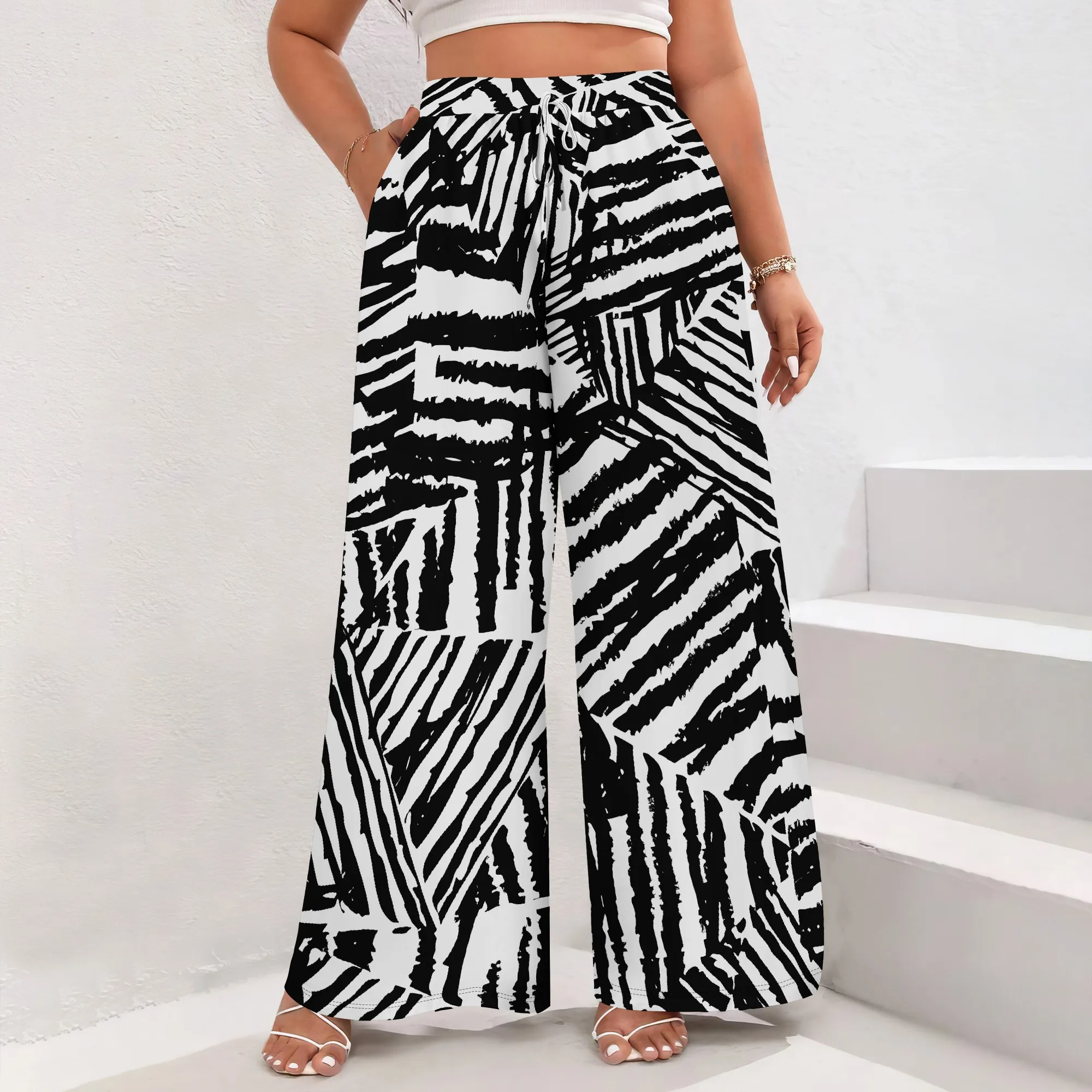 

Nupusa Abstract Stripe Print Pants for Women Standard Size Summer Casual High - Waist Wide - Leg Pants