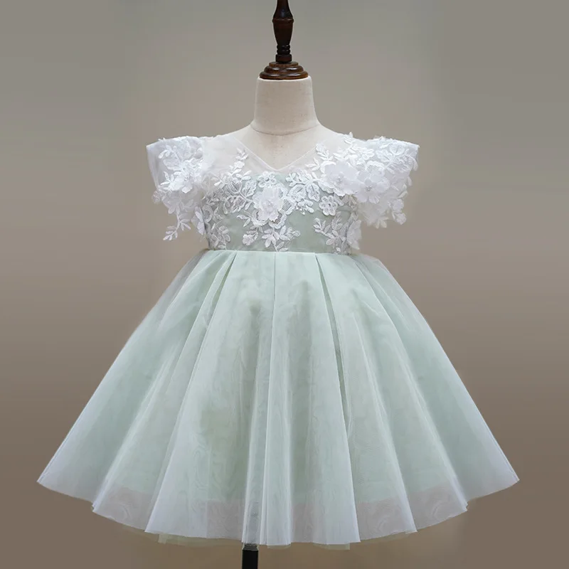 Summer girls flower dress Lace mesh pompadour dress Birthday wedding dress Party children's dress Piano performance dress