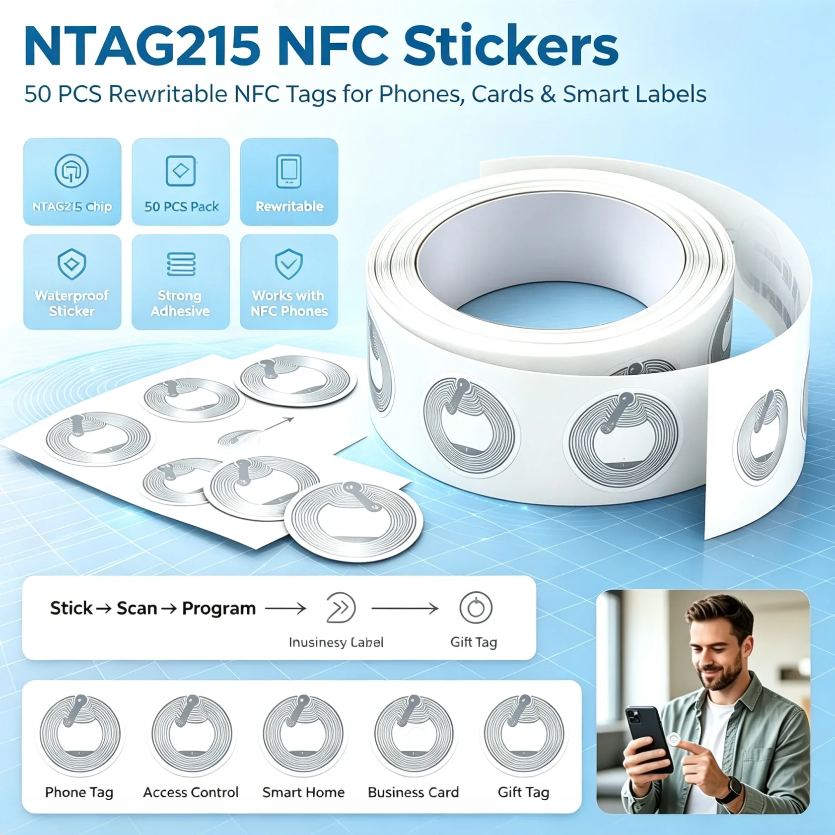 10/50PCS Ntag 215 NFC Phone Available RFID Tag Stickers Adhesive Label NFC Ntag215 Self-adhesive Tag 13.56MHz ISO14443A Sticker
