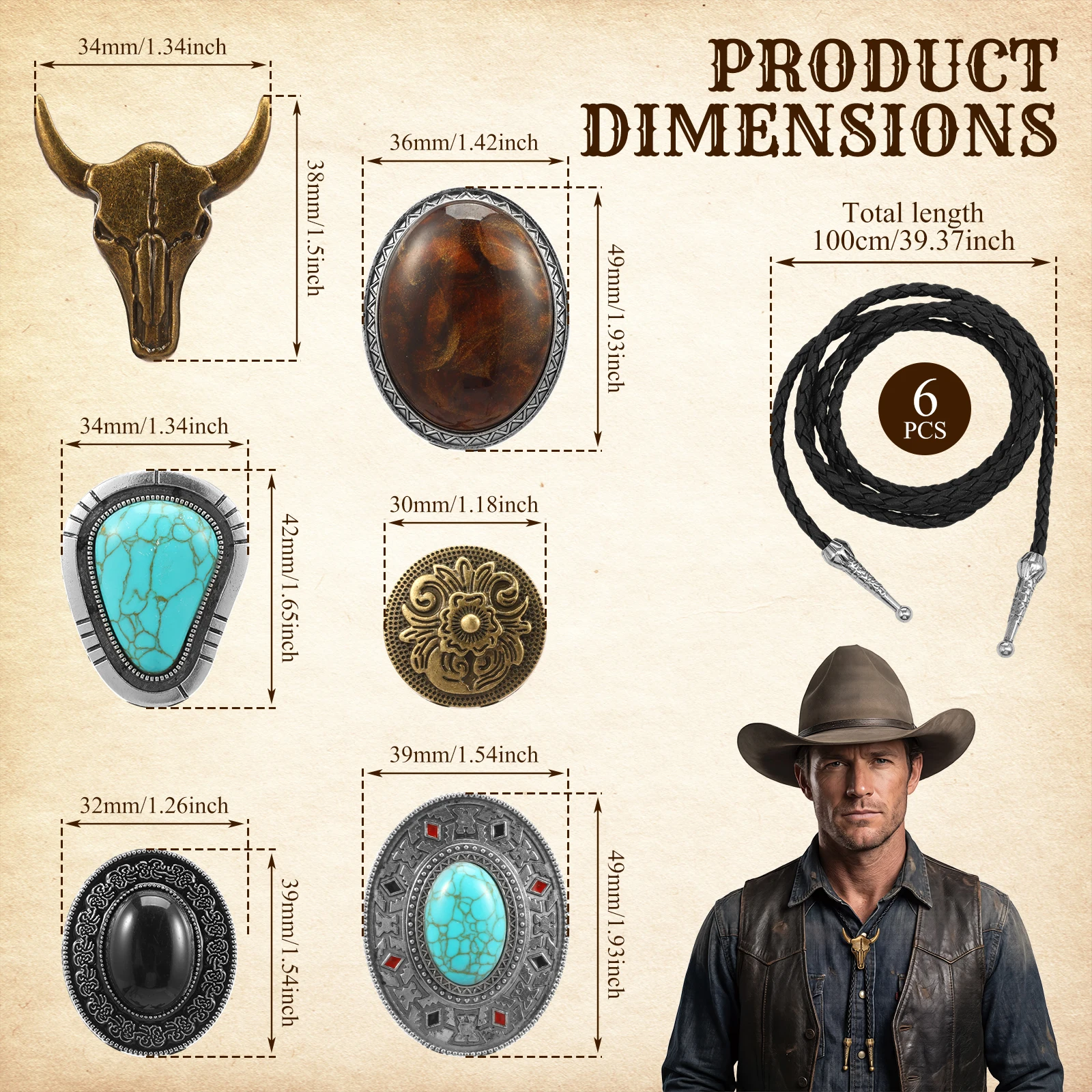 4/6/10 Pcs Western Bolo Tie Set with Adjustable Braided Cord Vintage Western Cowboy Bolo Tie for Men Women Garment Accessories