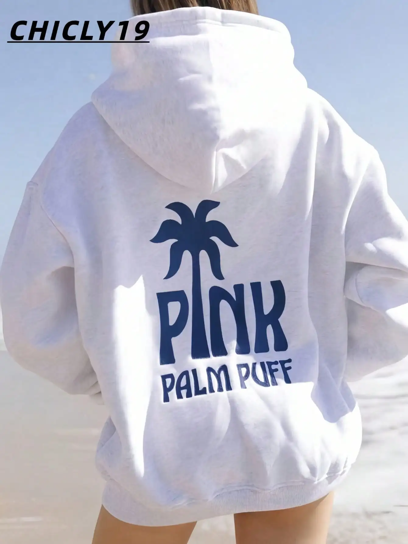 

Oversized White Hoodie with Navy Palm Tree Graphic Print - Loose Fit Cotton Blend Pullover for Beach & Casual Wear