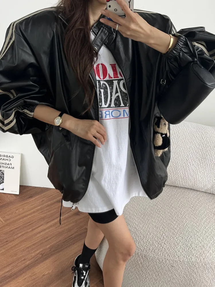 Slimming PU Leather Jaet Women's Loose Biker Sle Stand Collar Double Bar Outerwear Faionable Casual Loose Fit Ladies' Coat