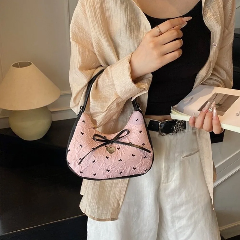 

Exquisite Polka Dot Bow Shoulder Bag Love Heart Y2K Underarm Bag Leisure Zipper Hobo Bag Female