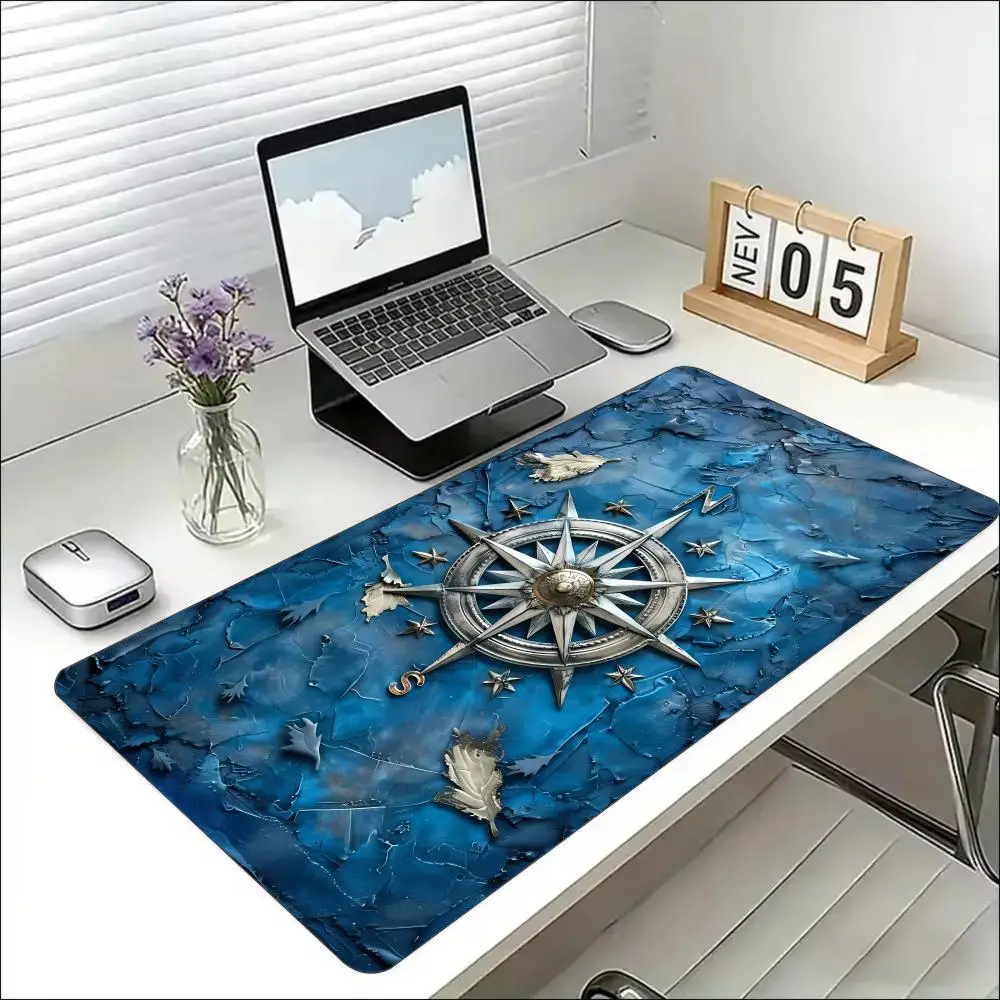 Nautical Compass Print Large Gaming Mousepad Non-slip Rubber Base Stitched Edge Desk Mat Office Desktop Decor Table Protector