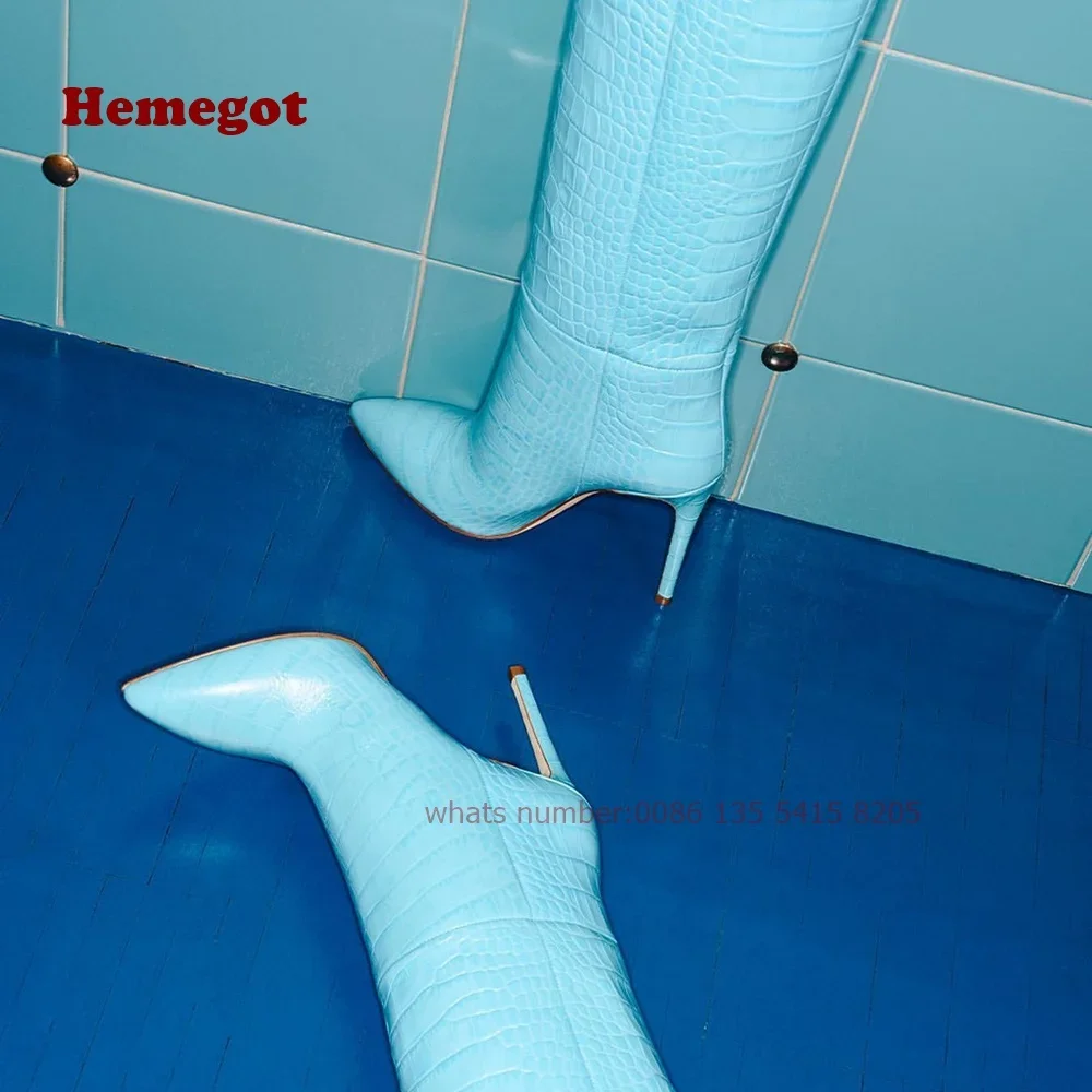 Blue Embossed Leather Boots Stone-Pattern Thin Heels Women's Knee High Boots Slip On Winter Pointy Runway Shoes Glossy Big Size
