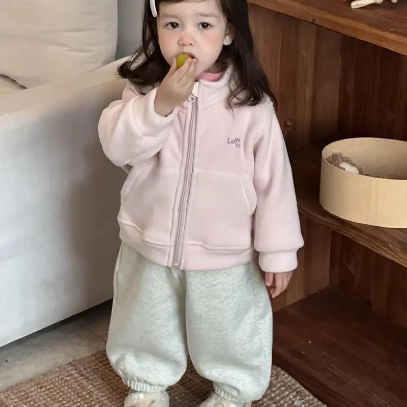 

2025 Winter New Girls Warm Coat Letter Embroidery Children Long Sleeve Fleece Jacket Baby Girls Thick Warm Tops Kids Clothes