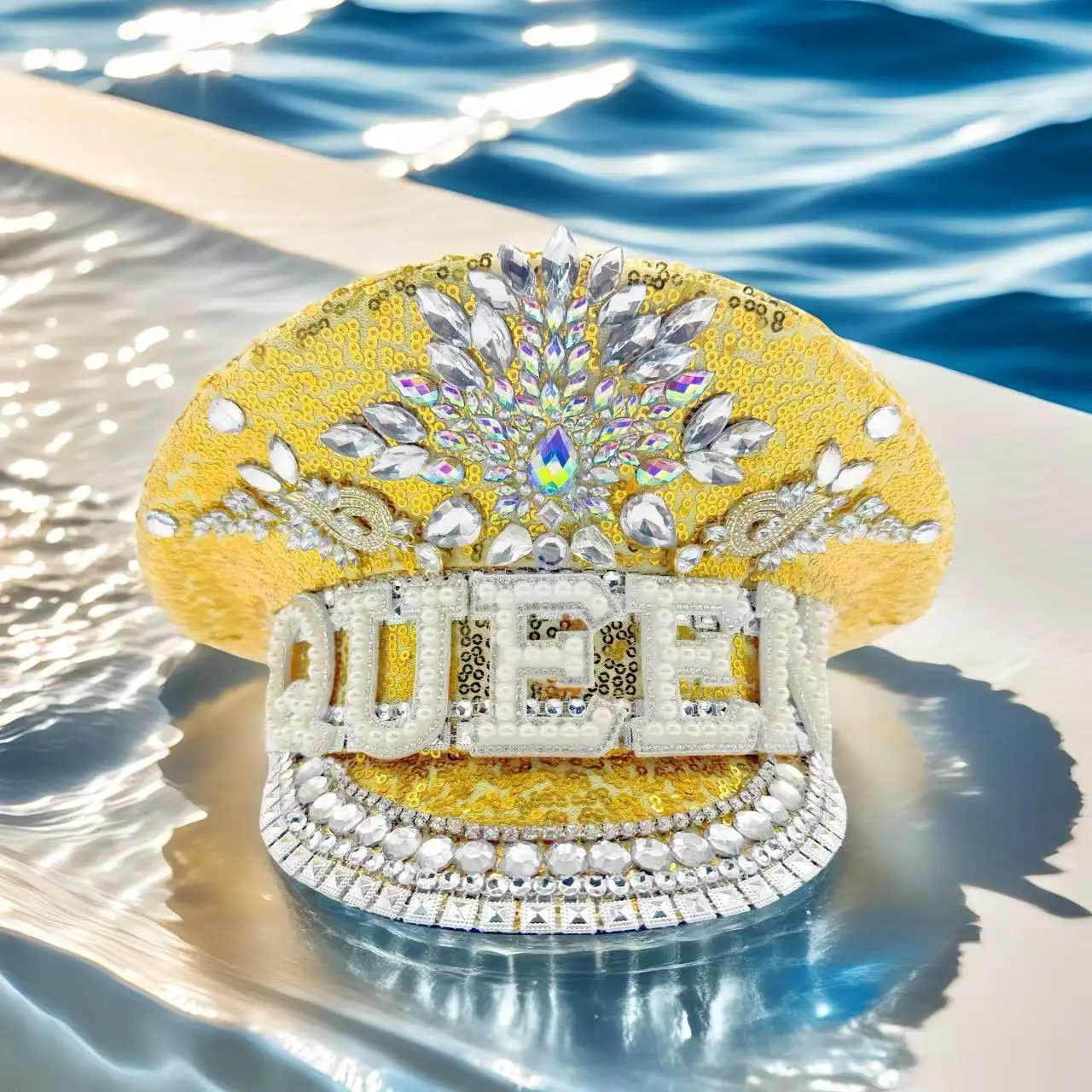 HongLuan Yellow Laser Leather Loop Captain Hat Rhinestone & Military Caps for Woman, Rave Festivals Accessories ＆ Party Cap Man