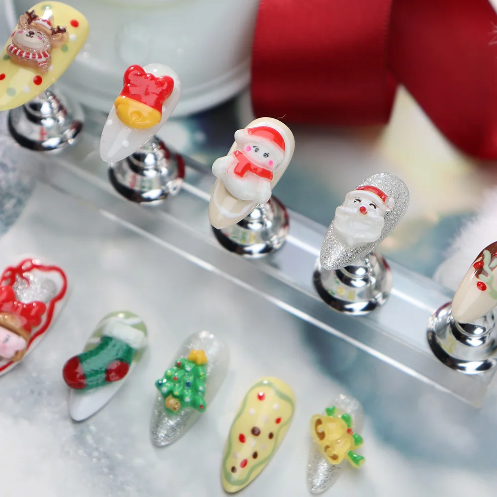 10pcs Handmade Christmas Press on Nails Santa Claus Snowman 3D Cartoon Cute False Nails Ins Almond Fake Nail Tips for Girls