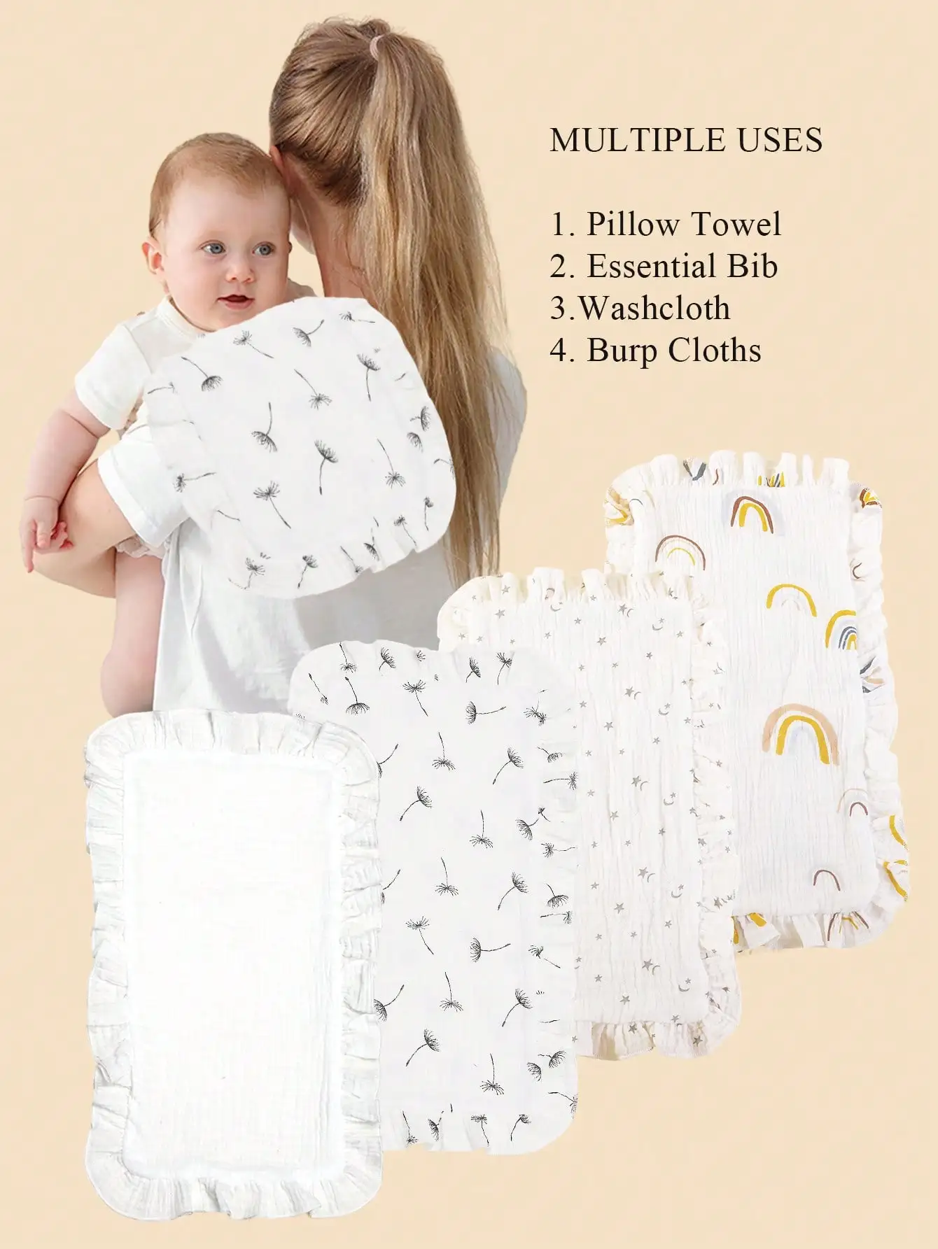 

4 Pcs/Set Soft Muslin Cotton Gauze Shoulder Rag Baby Burping Pad Ruffle Newborn Baby dandelion star Burp Cloths