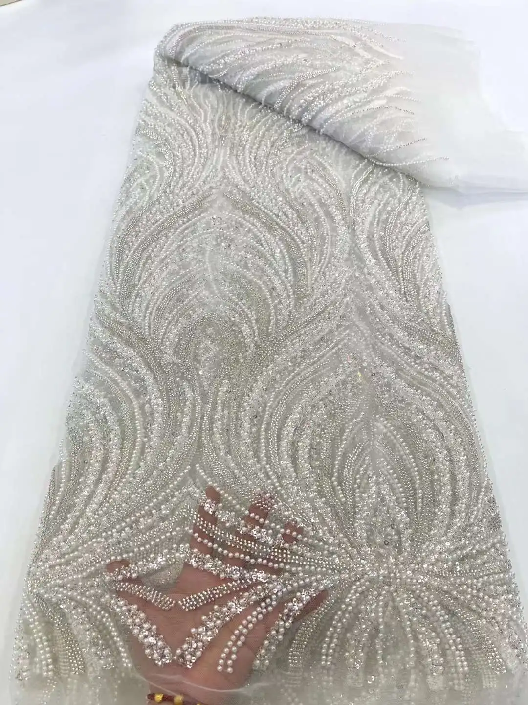 African French Groom Beads Lace Fabric Salouva 2024 High Quality Nigerian Tulle Lace Fabric For Wedding Christmas sudanese Dress