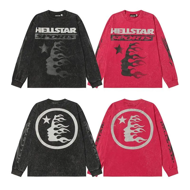 Hellstar American Streetwear Print Washed Distressed High Street Unisex Men Women Loose Long Sleeve T-Shirt Casual Top