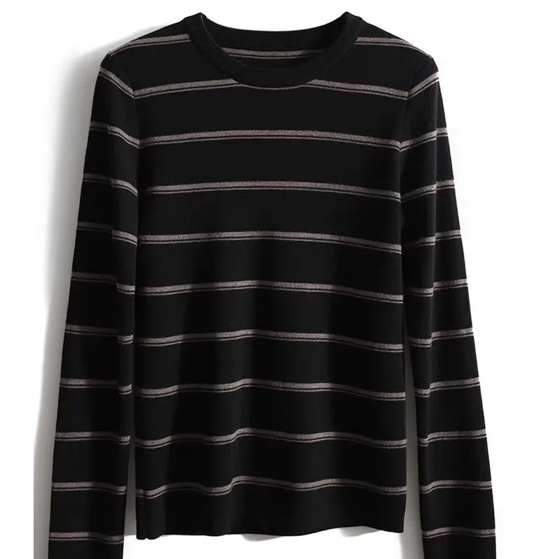 New Autumn and Winter Fashion Retro Contrast Stripe Round Neck Versatile Slim and Simple Women\'s Knitted Long Sleeve Sweater