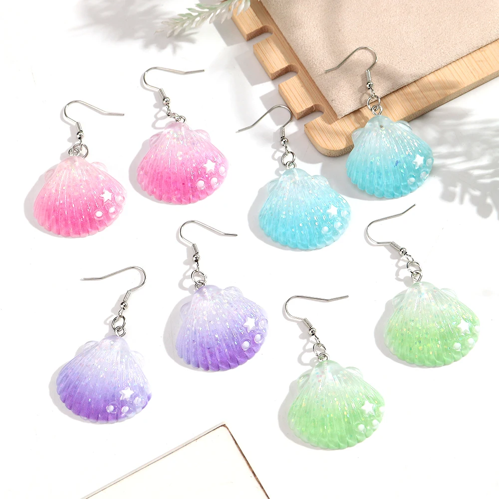 Funny Colorful Marine Shell  Drop Earrings for Women Girls Cute Scallop Starfish Dangle Earring Beach Jewelry Gifts