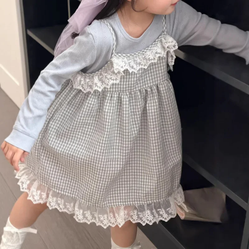 

Yimai Girls' Lace Strap Dress2026Spring and summer new children's plaid dress, tank dress, suspender dress