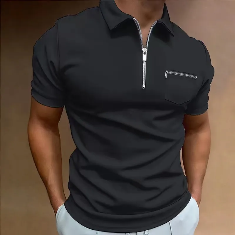 2023 Summer Trip Men\'s Casual Short-Sleeved Polo Shirt Chest Zipper Pocket T-Shirt Men\'s Breathable Polo Shirt Men\'s Clothing