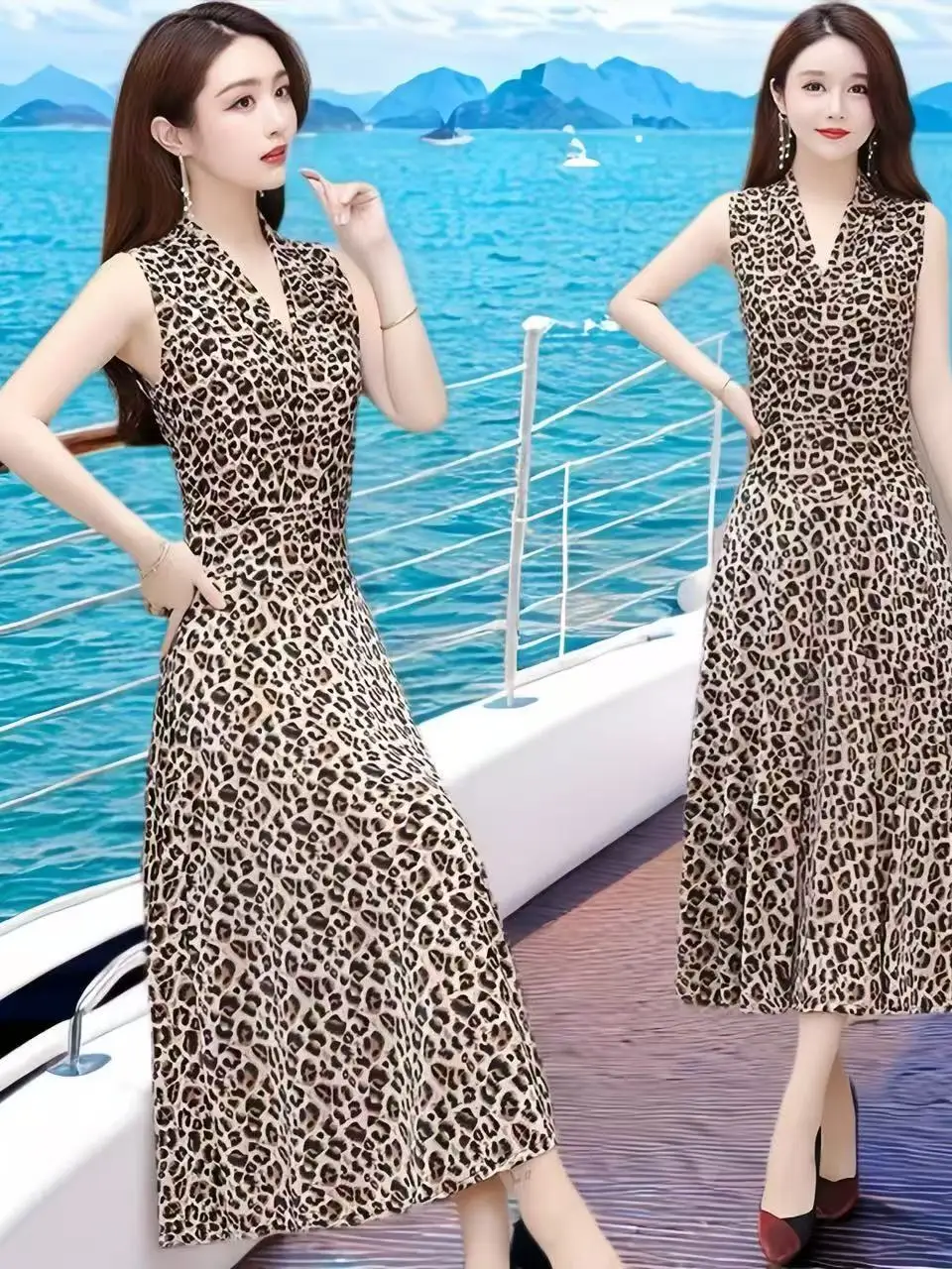 

Summer V-neck Ice Silk Long Dress Women's Loose Slimming Large Size Floral Print Casual High Waist Knee-length Maxi Dress
