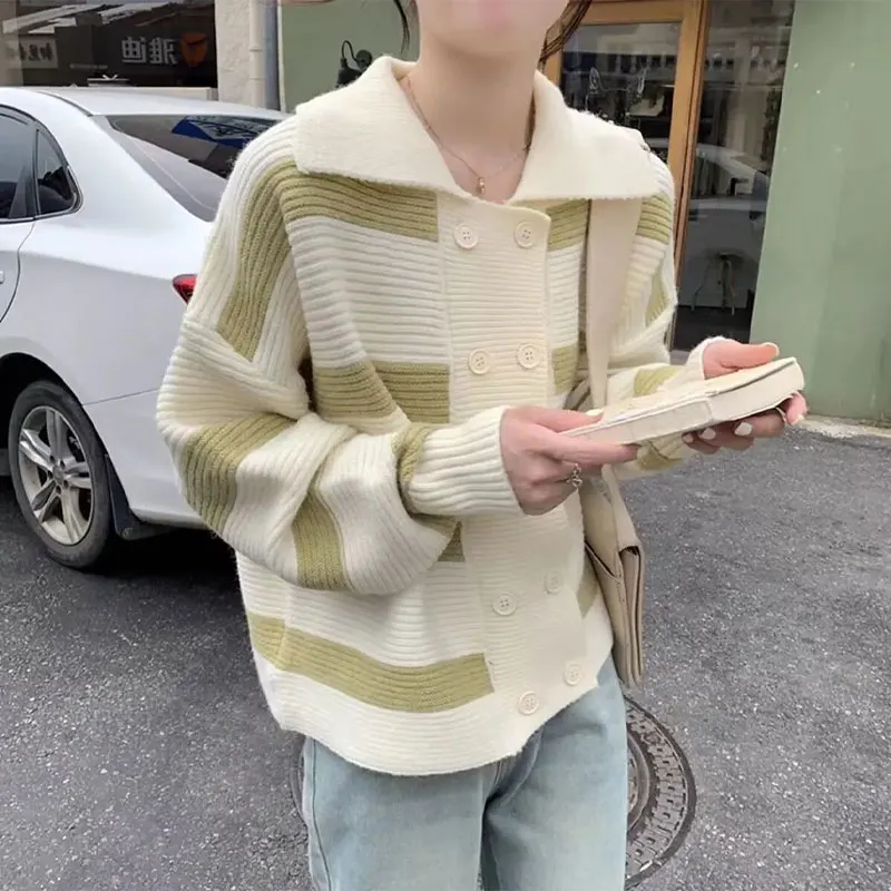 Polo-Neck Striped Knitted Cardigan Women\'s Clothing Korean Loose Autumn Winter Long Sleeve Basic Casual Double Breasted Sweaters