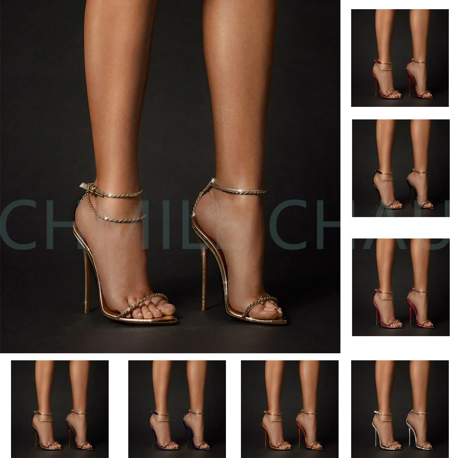 

【Measure your feet length before order】Women Chain Strap High Heels Fetish Luxury Sandal Sexy Pointed Toe Evening Shoe 61-CHC-26