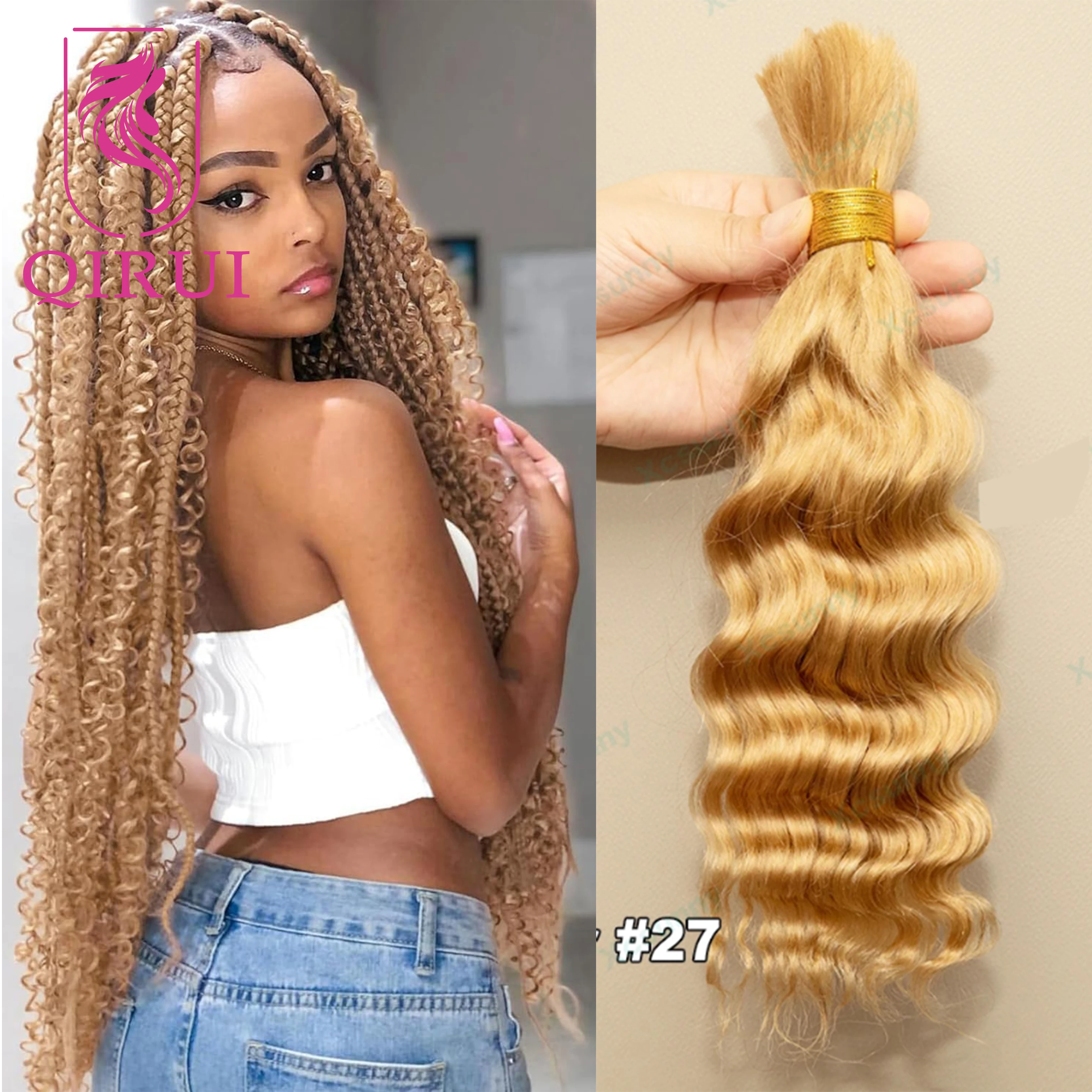 Bulk Human Hair For Braiding Highlight #4/30 Deep Wave Double Drawn Boho Knotless Braids Hair Bundles No Weft Wholesale