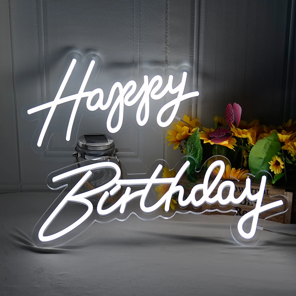 Happy Birthday Neon Sign 56x40cm Birthday Party Led Light Sign Dimmable Flexible Neon with Clear Acrylic Backer Wall Sign Lights