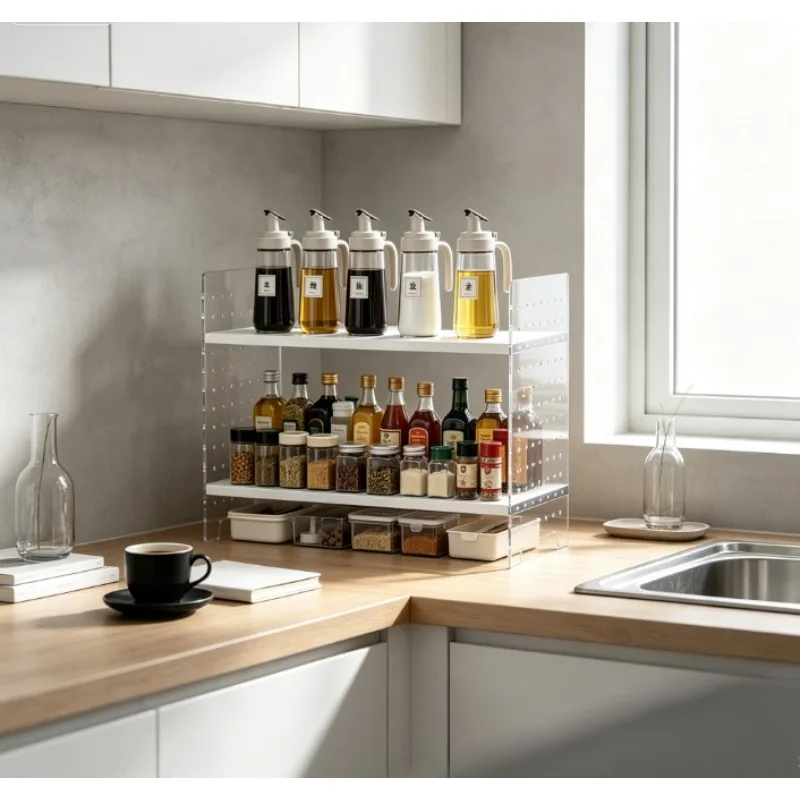 Kitchen Countertop Spice Rack Organizer, Multi-Tier Adjustable Shelf for Seasoning Jars, Sturdy Metal Stand for Stove Top Desk