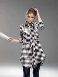 Plus Size New Korean Fashion Blouses Plaid Button Solid Midi Autumn Shirt Female All-match Loose Long Sleeve Polo-Neck Blouse