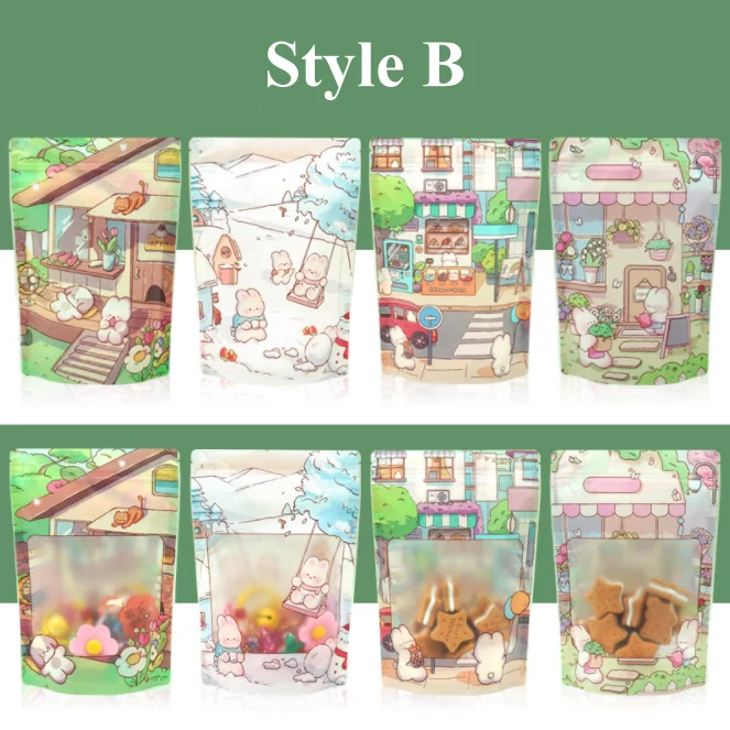 100PCS Stand-up Plastic Cartoon Ziplock Window Packaging Bag DIY Logo Sugar Candy Snack Drip Coffee Beaf Gift Storage Pouches