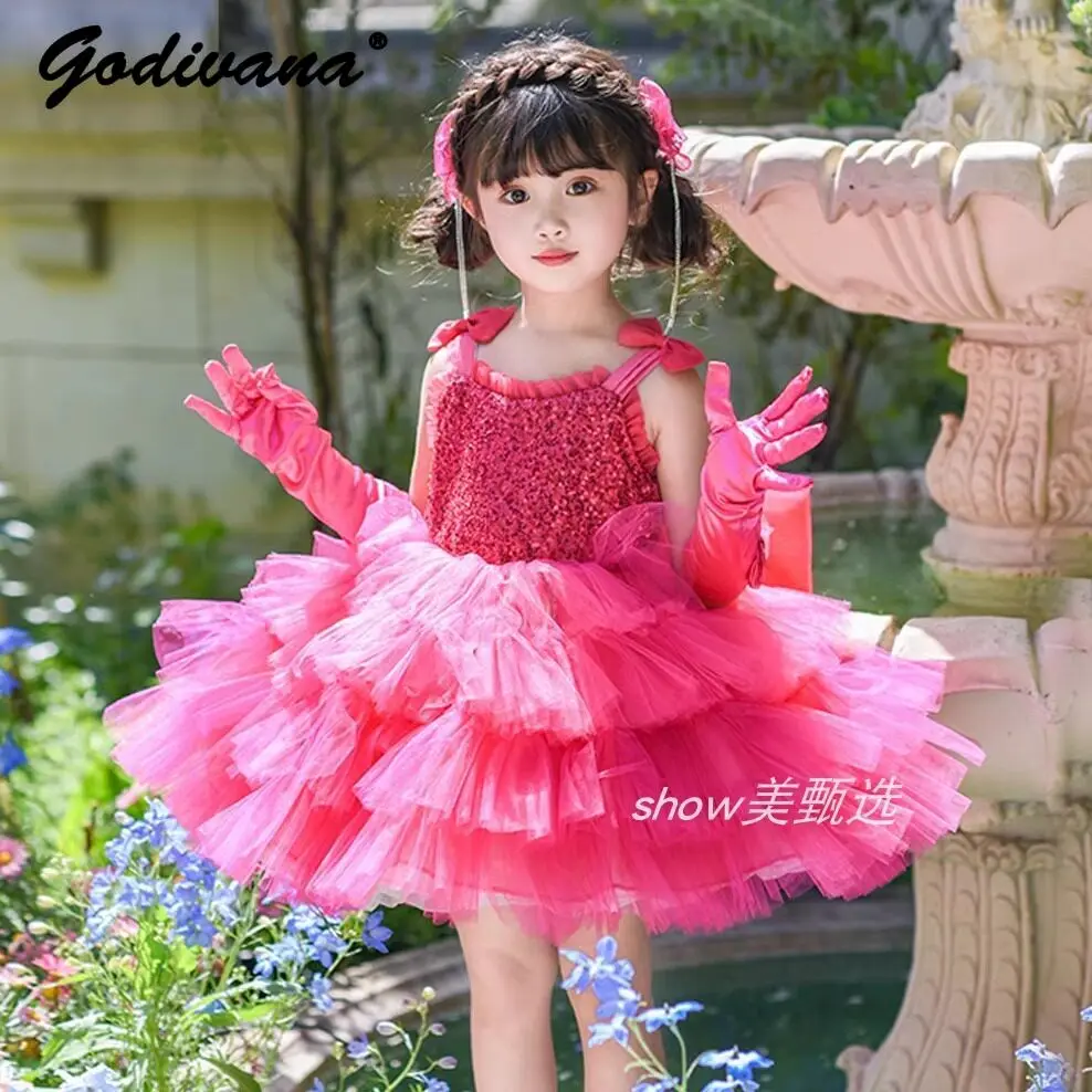 

2026 New Summer Girls Lolita Princess Dress Kids Sequined Bow Tulle Layered Slip Dress Childrens Birthday Party Performance Gown