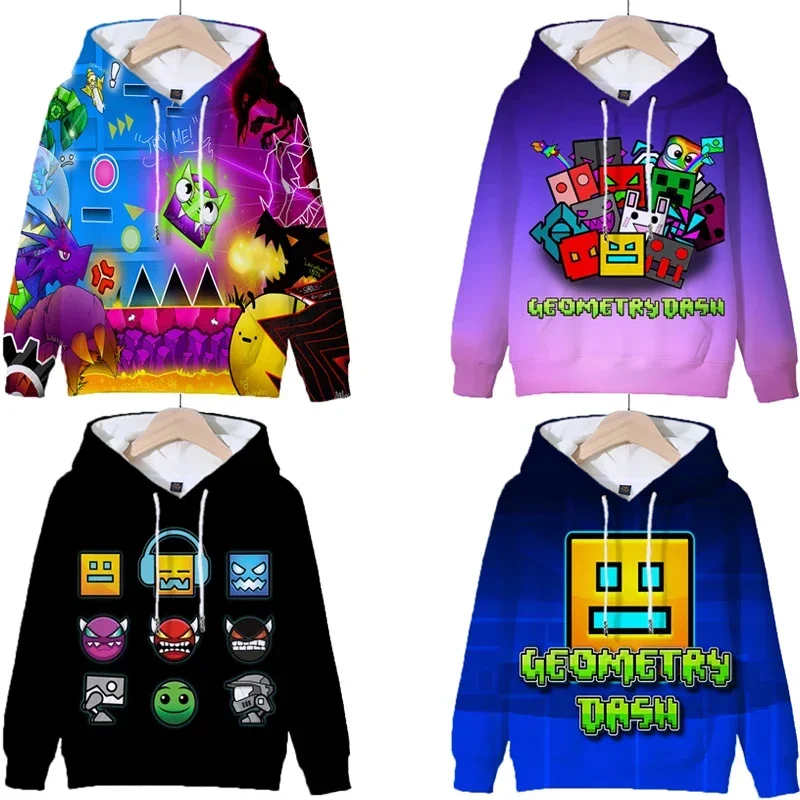 Kids Geometry Dash Hoodies  Girls Boys Cartoon 3D Print Sweatshirts Tops Children Long Sleeve Pullovers Coat Sudadera Gifts