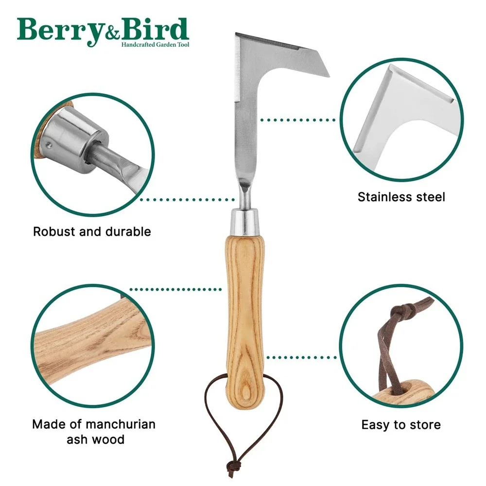 Crevice Weeding Tool 9 Inch Wooden Handle Stainless Steel Manual Lawn Mower L-shaped Weeding Sickle for Garden Tool Lawn Patio