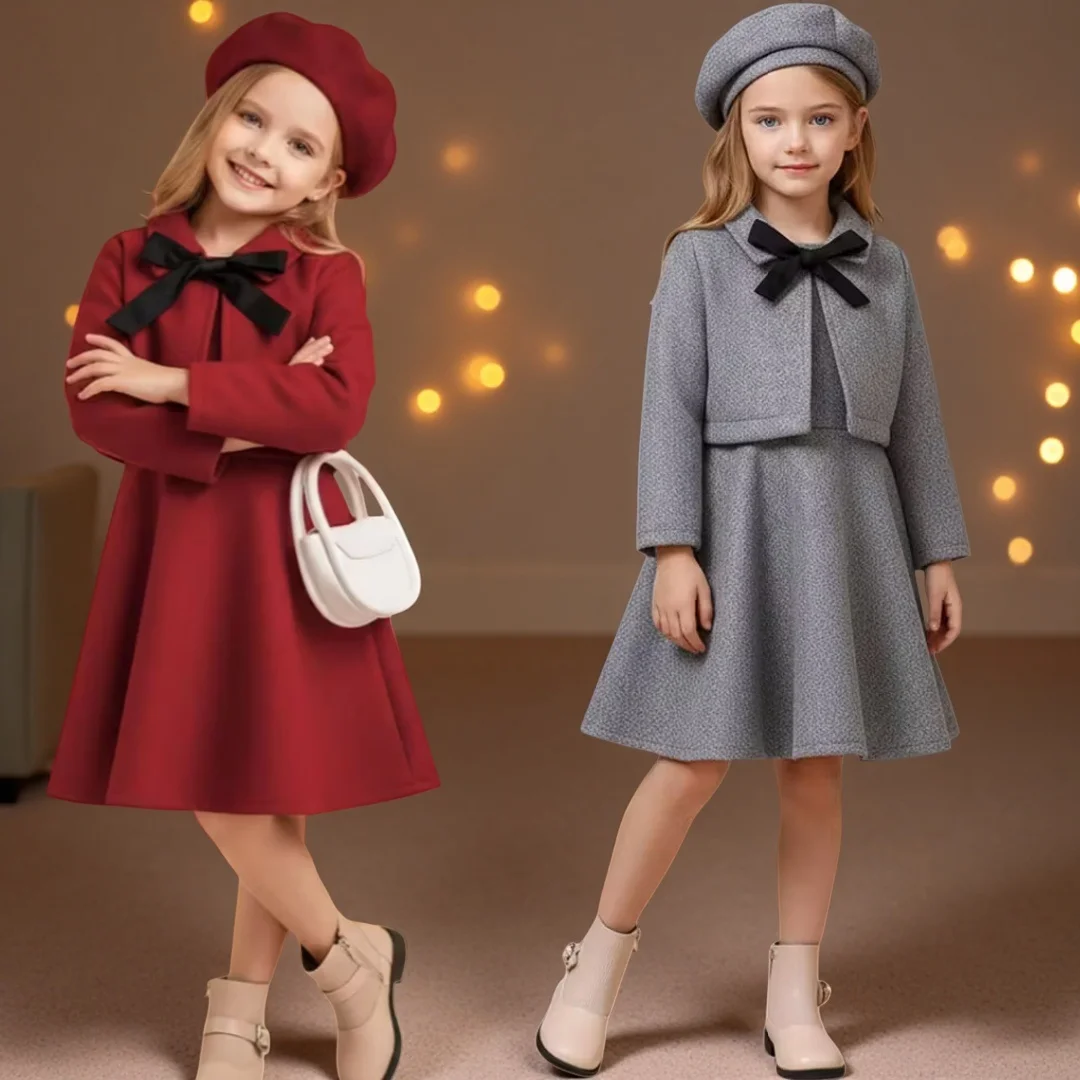 

Girls' Elegant 3pcs Party Outfit Set With Jacket Dress & Beret Kids' Formal Clothes Baby Clothing Winter Coat For Girls For 2-7Y