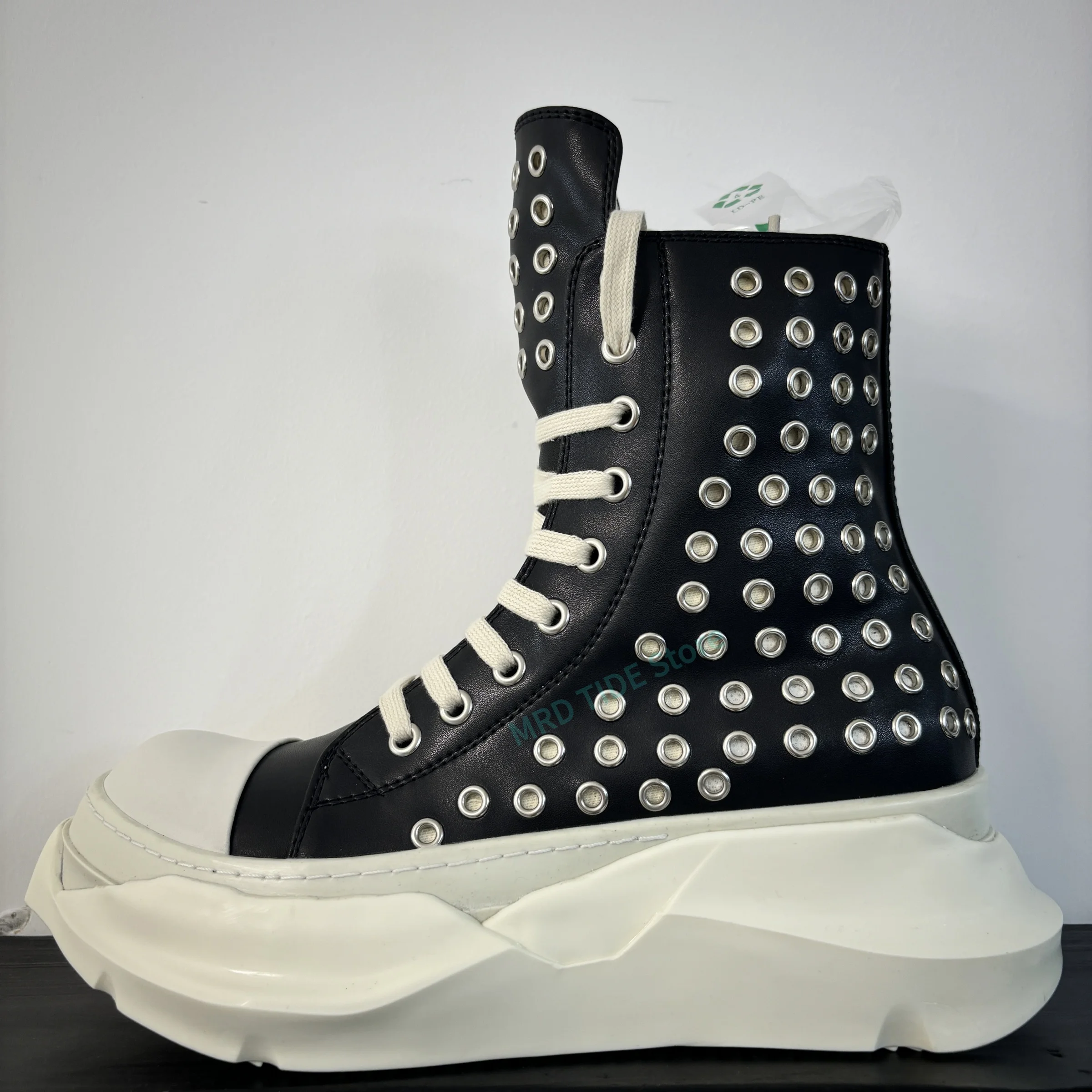 

Men Shoes Women Casual Genuine Leather Rivets Double Sole High to Ankle Boots Owens Vintage Original Luxury Designers Sneakers